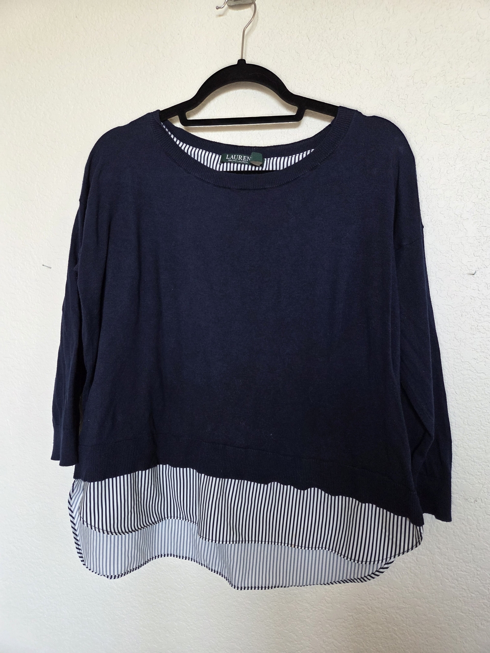 Lauren Ralph Lauren Navy Layered Sweater with Striped Hem
